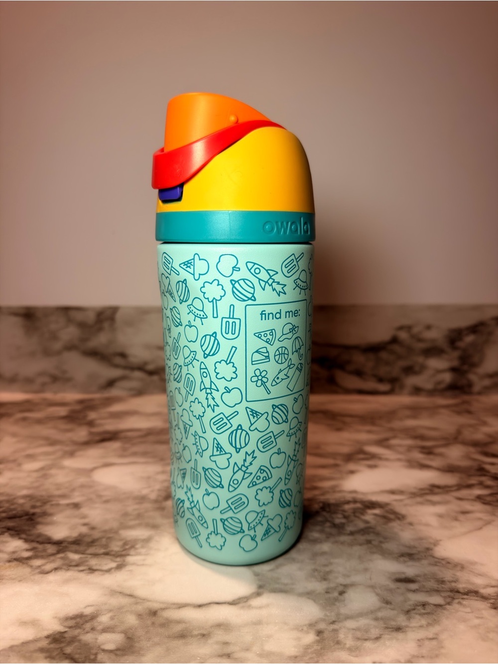 Owala Junior Explorer Kids Water Bottle - Aqua with Yellow & Orange Locking Lid